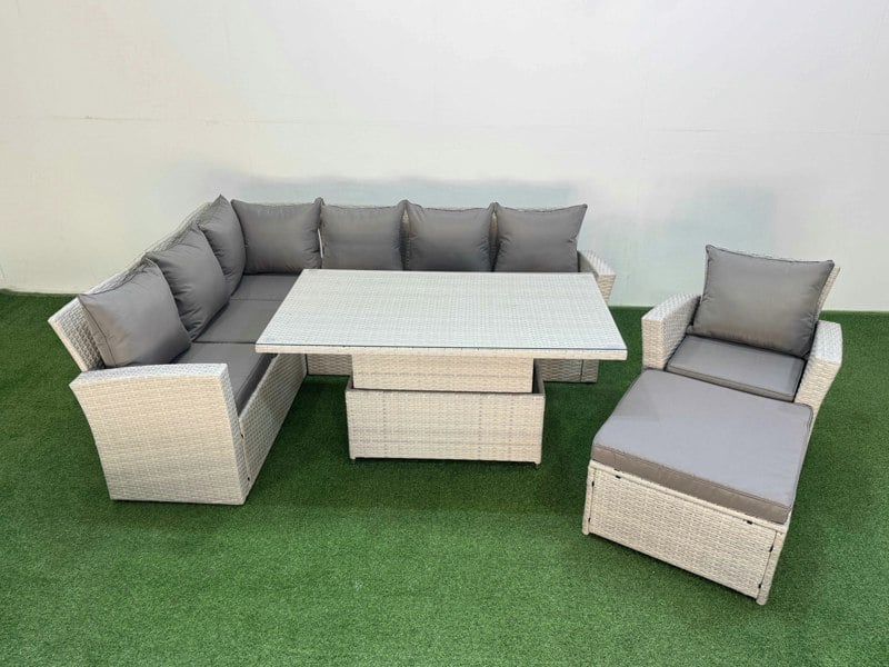 Fimous 8 Seat Rattan Outdoor Garden Furniture Corner Sofa Set Adjustable Lifting Dining or Coffee Table Set with Footstool Light Grey