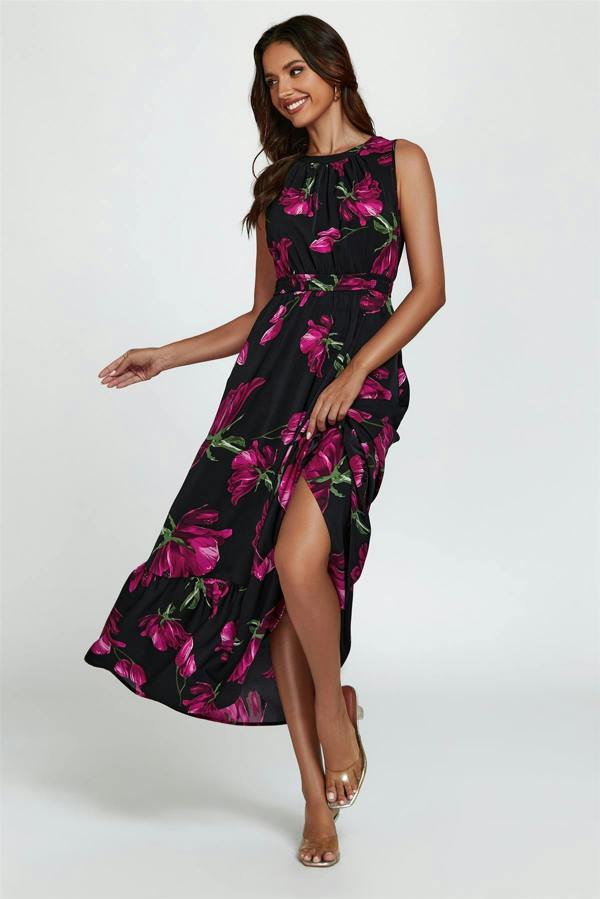 FS Collection Floral Print Halterneck Maxi Dress In Black