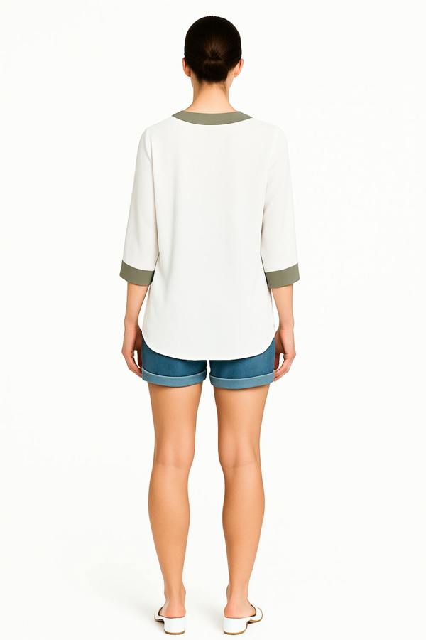 Hoxton Gal Oversized Top With Khaki Tape Collared Details In White