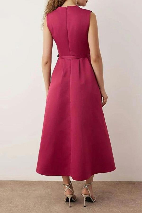 WOVCOR Belted V-Neck Satin Maxi Evening Dress