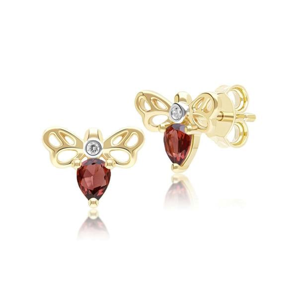 Gemondo Honeycomb Art Nouveau Pear Shape Garnet and Diamond Bee Stud Earrings in 9ct Yellow Gold