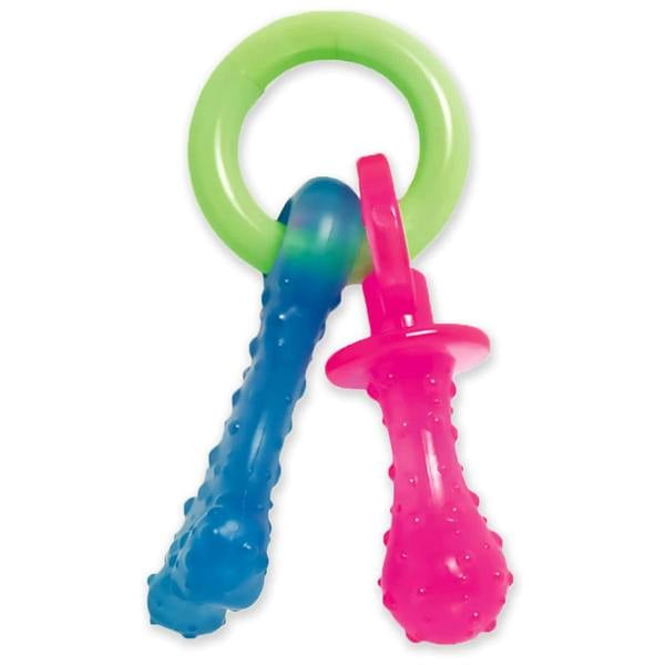Nylabone Puppy Teething Chew Toy Pacifier, Bacon Flavour, Extra Small, Blue/Pink