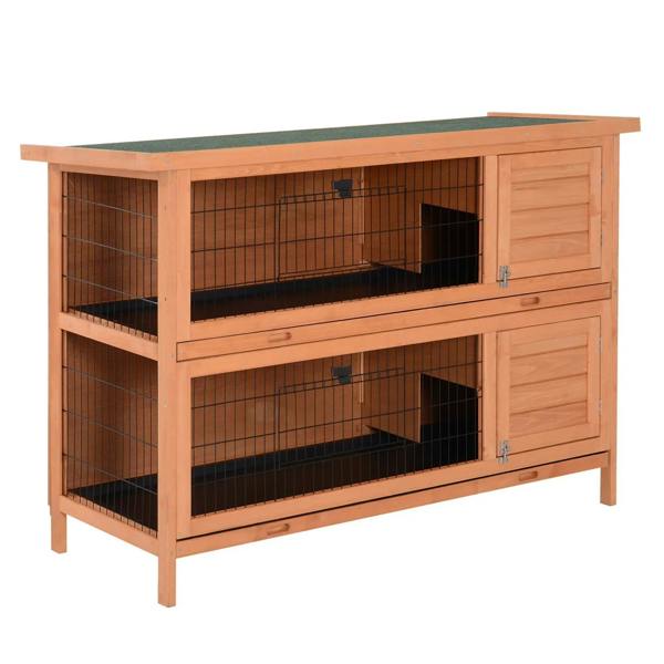 Orange wooden rabbit hutch with wire mesh runs and two-tier enclosure