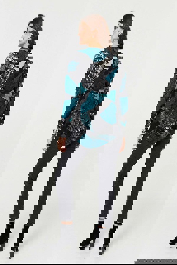 Teal | Abstract Print Zip-Front Long Sleeve Top
