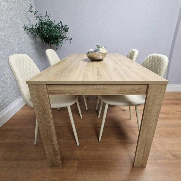 Kosy Koala Oak Effect Wood Dining Table with 4 Cream Gem Pattern Faux Leather Chairs