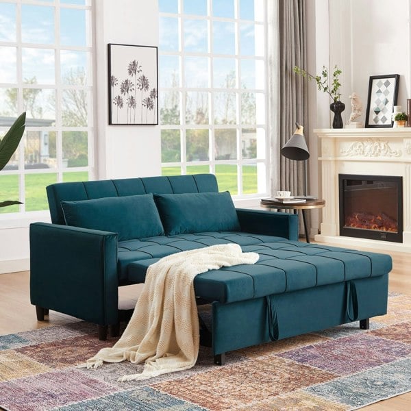 Furniture One Sofa Bed Double, Convertible 3 in 1 Pull Out Velvet Sofa Bed, Multi-Function Folding Ottoman