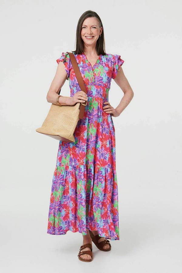 Red | Floral Cap Sleeve A-Line Maxi Dress