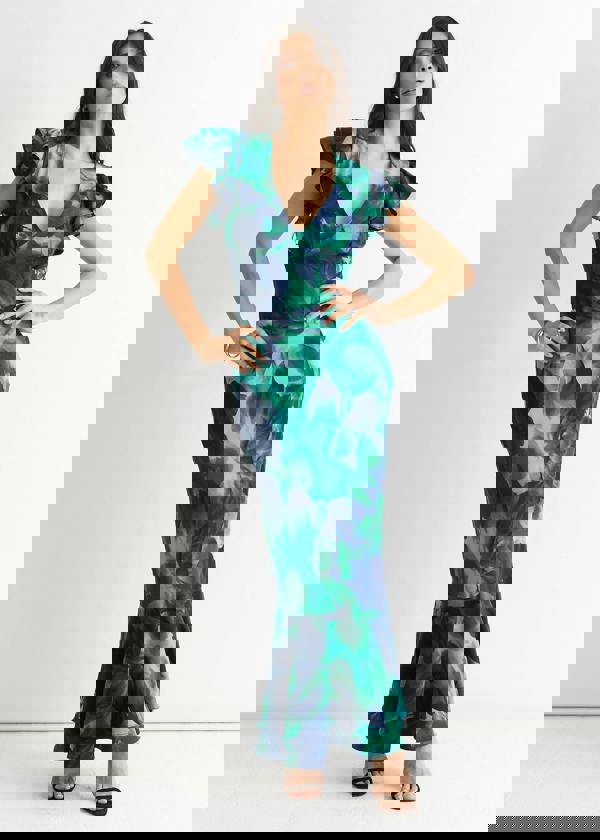 Gini London Green Watercolour Floral Maxi Dress