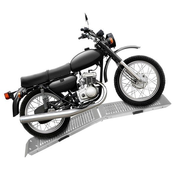 Foldable motorbike ramp with a textured surface, supporting a sleek black motorbike, designed for easy loading and unloading