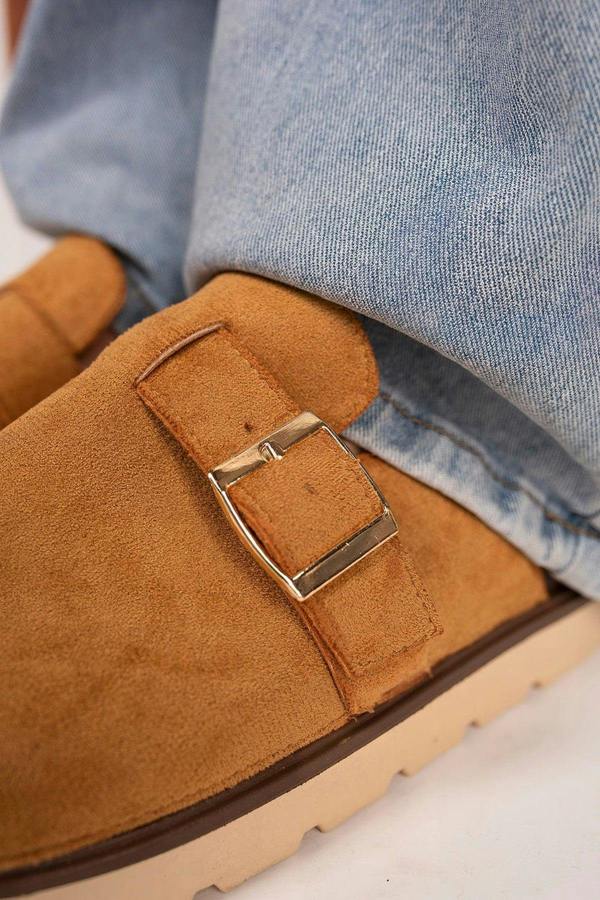 Serelina Chunky Sole Flat Slip-on Buckle Sliders - Camel
