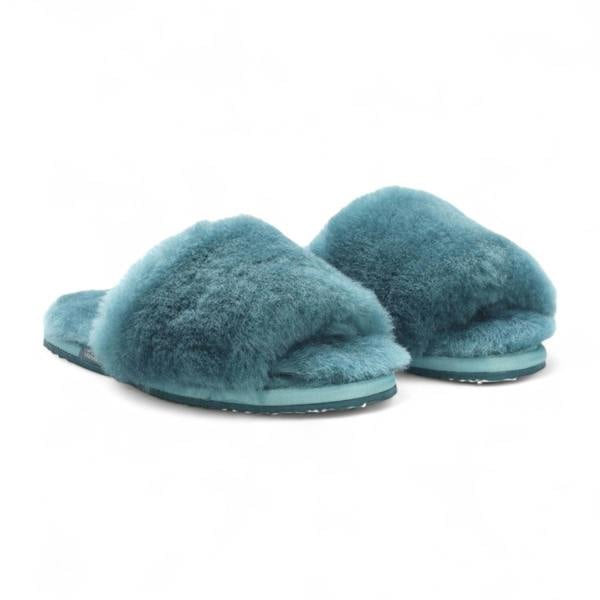 Infinity Leather Women's Sheepskin Slippers Teal Warm Winter Fur Sliders - Nordic