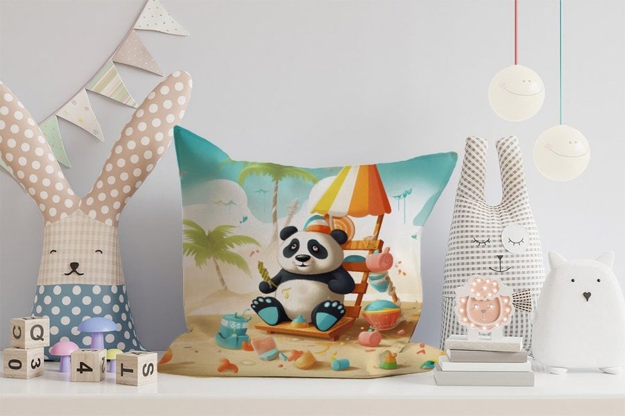 Warren Reed Happy Panda On A Beach Holiday Cushions