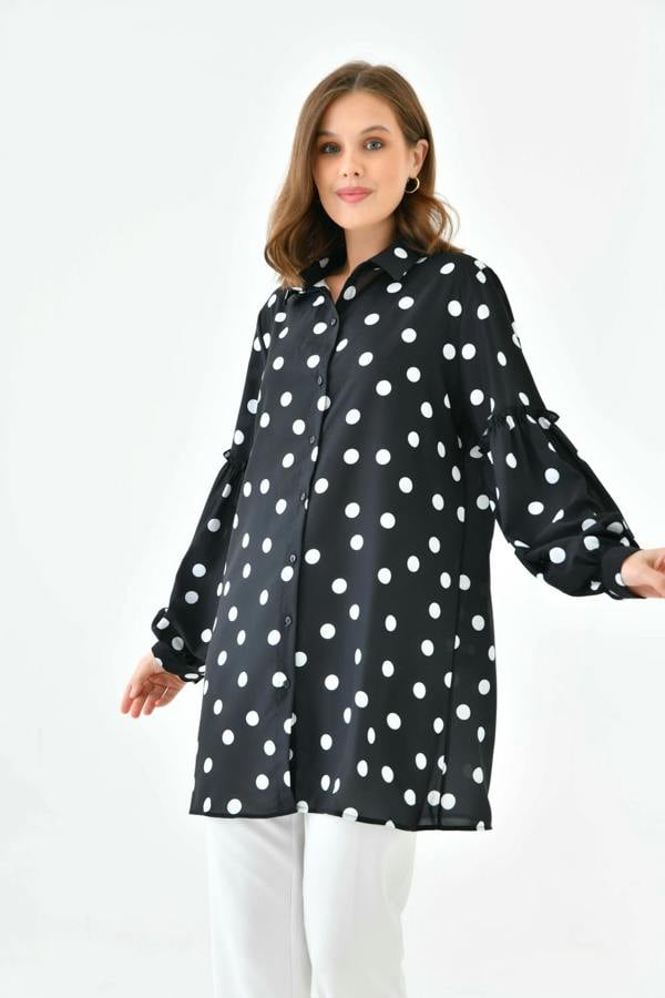 Hoxton Gal Oversized Balloon Sleeves Shirt Tunic with Polka Dot Print in Black and White