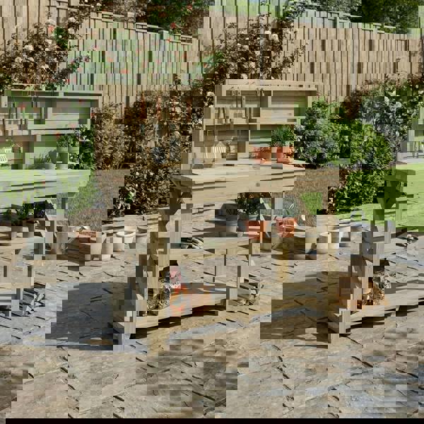 Arbor Garden Solutions Indoor/outdoor workbench, pressure treated bench with back panel and double shelf