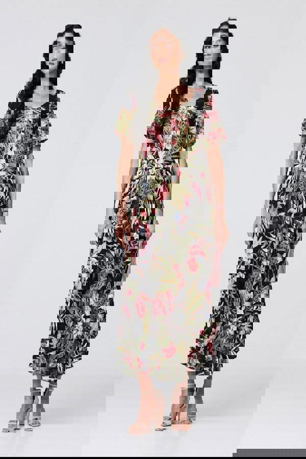 Black | Tropical Print 1/2 Sleeve Maxi Dress