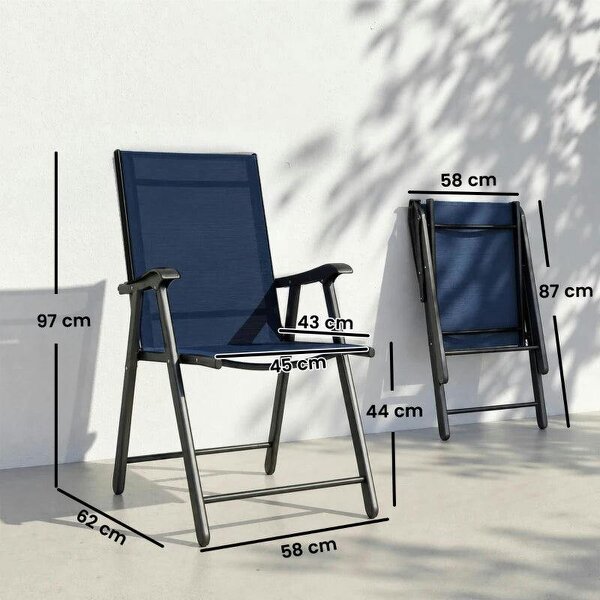 Folding Garden Chairs Set of 2, Foldable Garden Dining Chairs with High Back, Armrests, Texteline Seat, Navy Blue
