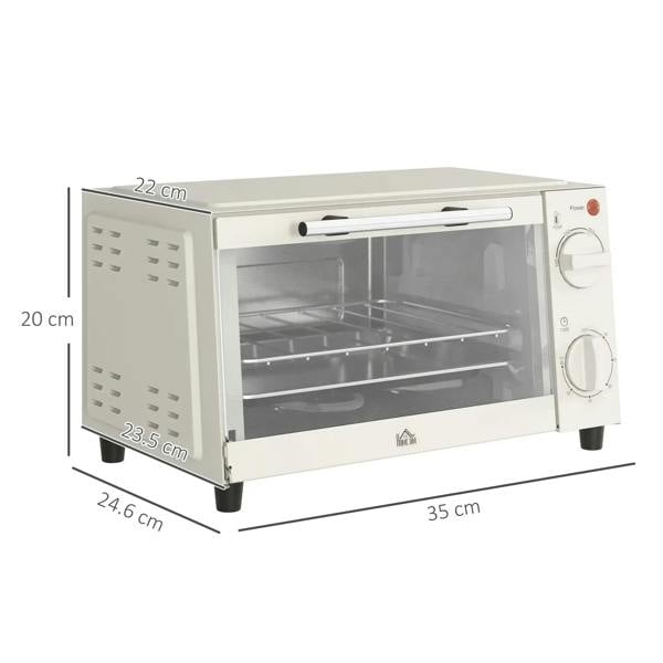 Cream mini electric oven with open door, side view with size markings
