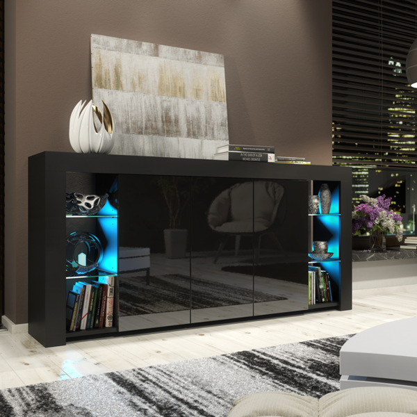 Mex Furniture  Exclusive 164cm Sideboard TV Unit Black Display Cabinet TV Stand Living Room with FREE LED