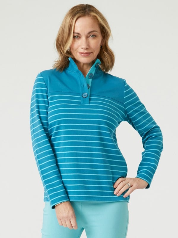 PennyPlain Striped Funnel Neck Top - Wedgewood