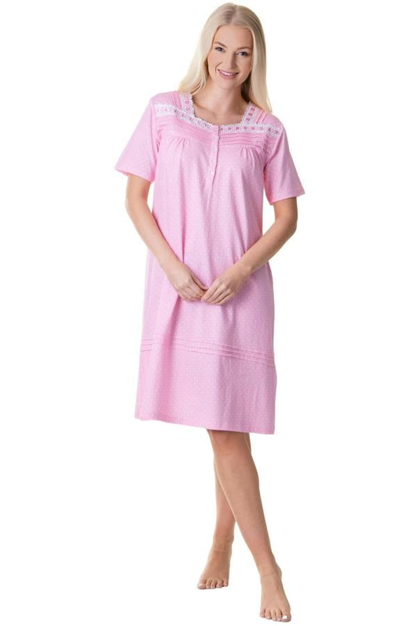 Womens 100% Cotton Pink Short Sleeve White Polka Dot Nightdress