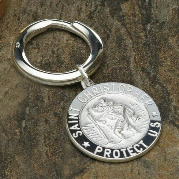 Christopher James of London Sterling Silver 24mm 3D St Christopher Keyring With Optional Engraving