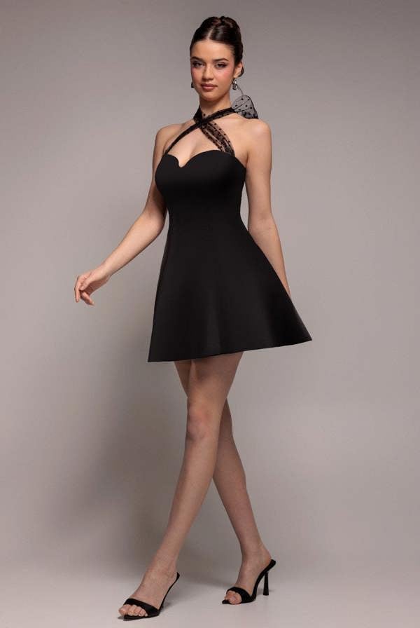 Scuba & Polka Mesh Bella Bow Multiway Skater Mini Dress - Black DR4887