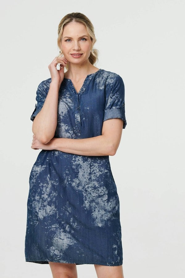Blue | Relaxed Turn-Up 1/2 Sleeve Short Dress
