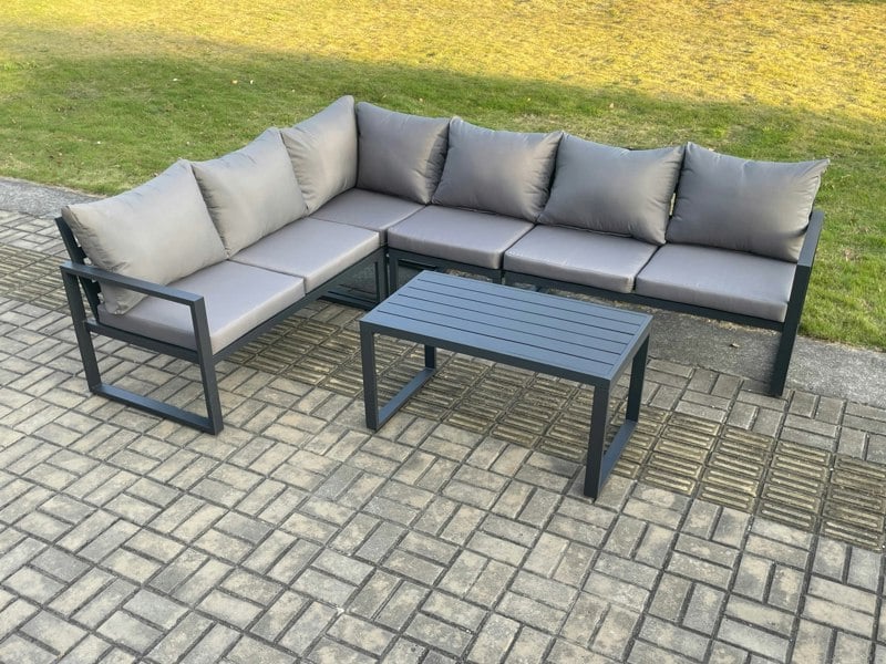 Fimous Aluminium Garden Furniture Set Outdoor Indoor Lounge Corner Sofa Oblong Coffee Table Sets Dark Grey 6 Seater