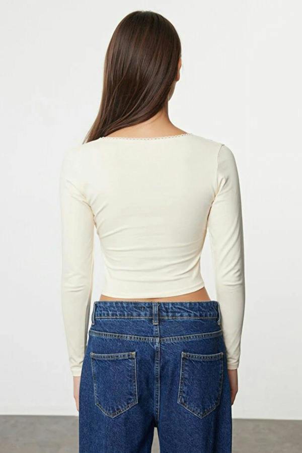 WOVCOR V-Neck Long Sleeve Crop Cotton Knit Blouse