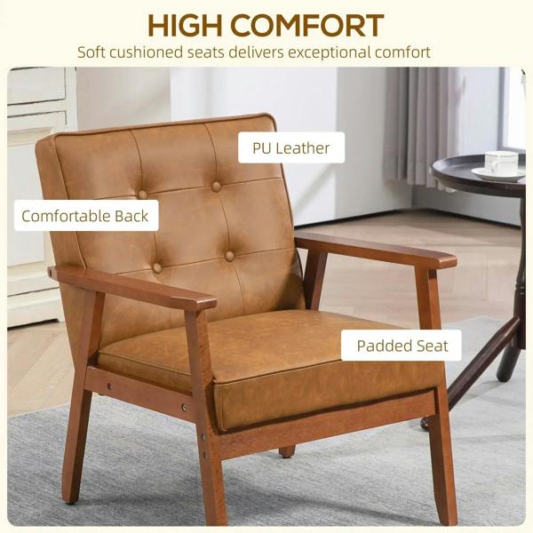 Brown accent chair with PU leather-look padded back and seat cushions.