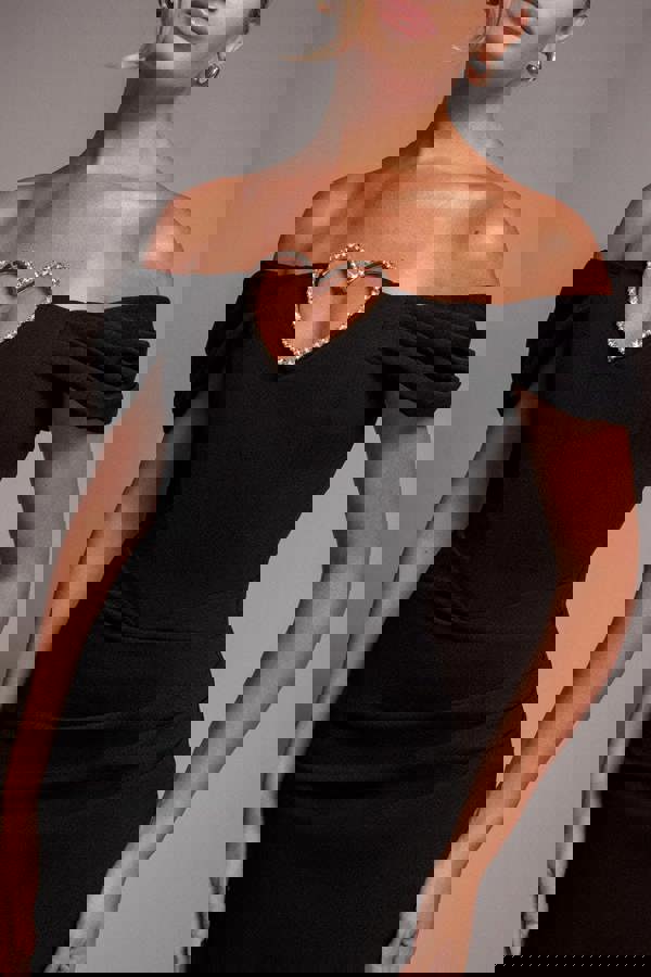 Diamante Heart Trim Evening Maxi Dress - Black DR4674