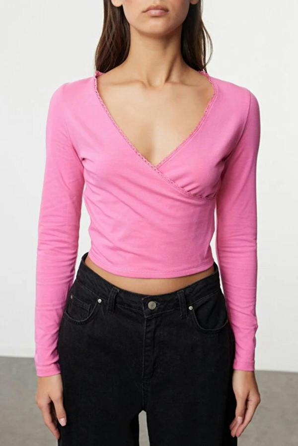 WOVCOR V-Neck Long Sleeve Crop Cotton Knit Blouse