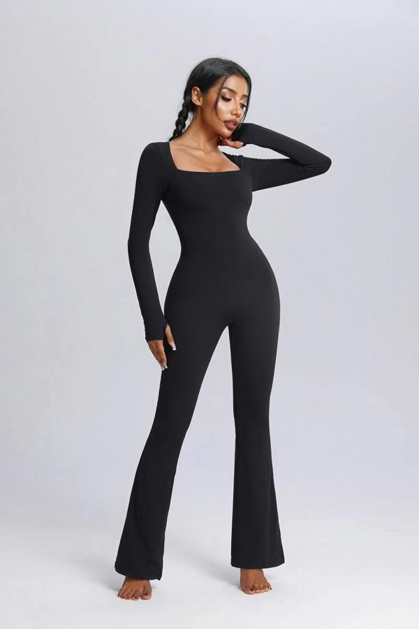 Anniou Square Neck Flared Yoga Jumpsuit - Black