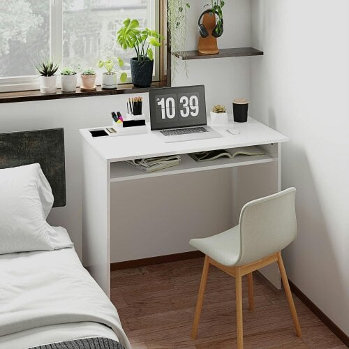 Wyld Haus Selu 90cm High Gloss White Compact Study Desk With Storage Shelf