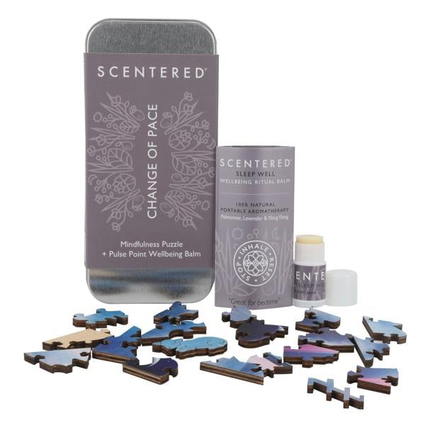 Scentered mindfulness puzzle and Sleep well aromatherapy balm packaging on a white background