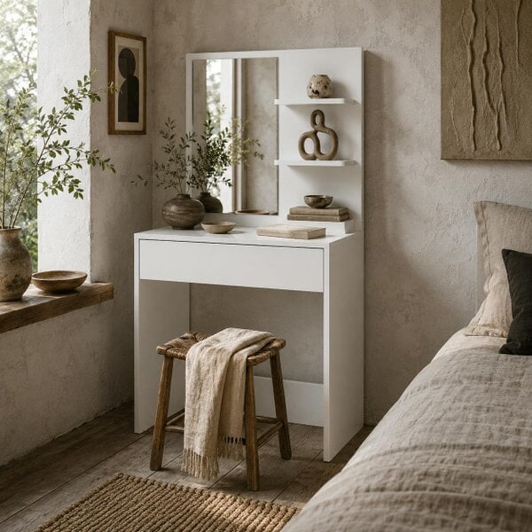 Wyld Haus Ketoli White Dressing Table With Mirror And Integrated Storage Compartments