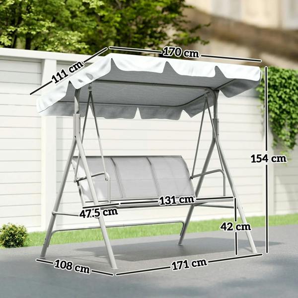 Light grey metal swing bench with canopy cover, showing seat and backrest from front.