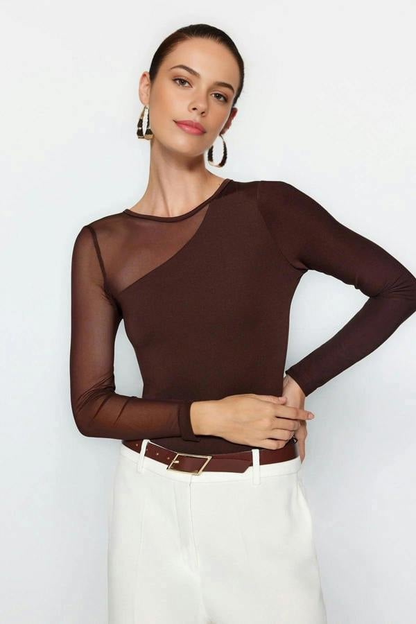WOVCOR Stretchy Knit Bodysuit with Tulle Detail