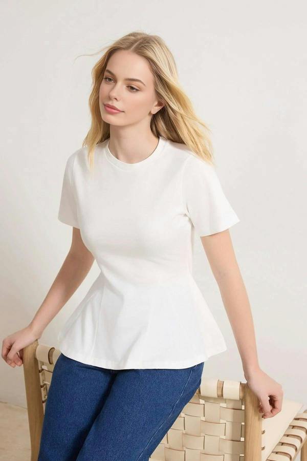 WOVCOR Peplum Short-Sleeved 100% Cotton Knitted Blouse
