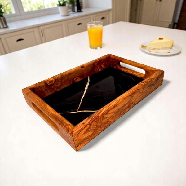 Olive Wood & Ceramic Serving Tray with Handles