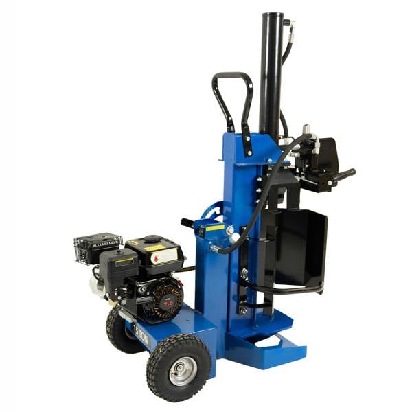 15T Log Splitter in blue with a gas engine, large wheels, and a vertical splitting design for efficient wood processing