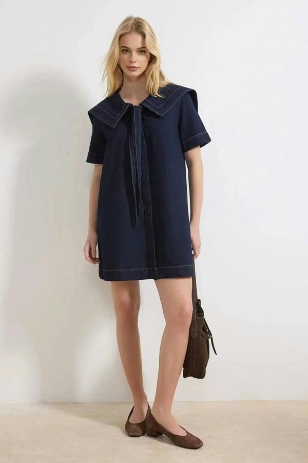 WOVCOR 100% Cotton Mini Denim Dress with Collar Detail