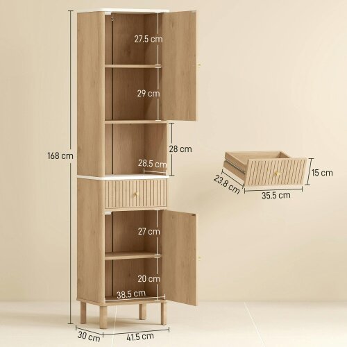 Wyld Haus Fasu Slim Bathroom Storage Cabinet With Soft Close Drawer Rail Wood Effect Finish