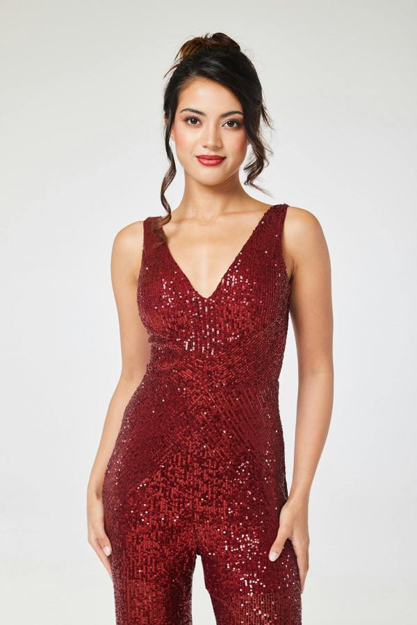 LuvForever Ruby - Wine V Neck Sequin Jumpsuit