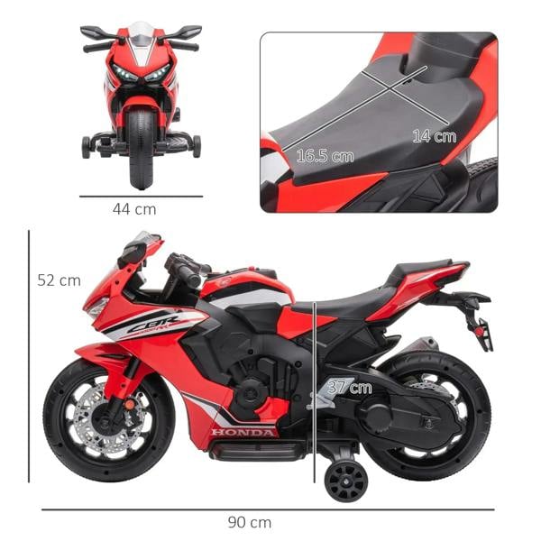 Red and black kids motorcycle size diagram with training wheels (90 cm)