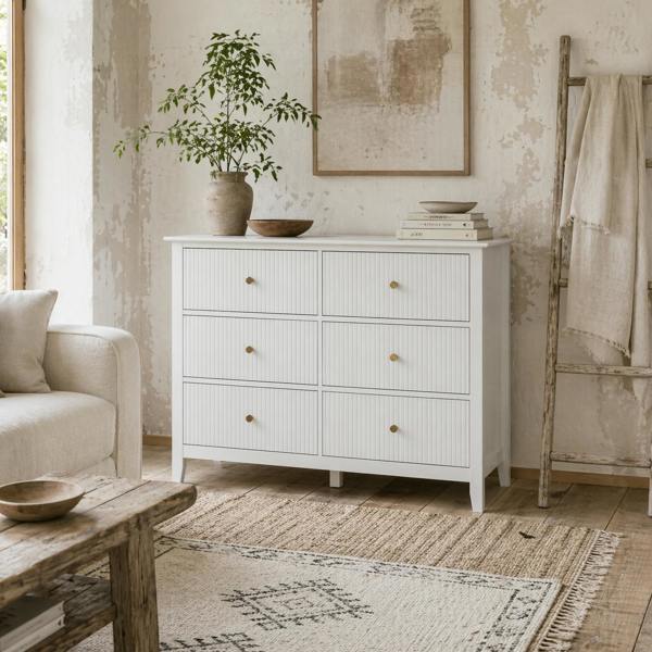 Wyld Haus Lezi Wooden White 6 Drawer Fluted Storage Dresser
