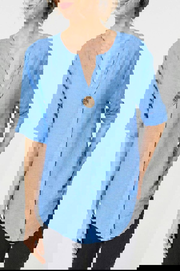 Blue | Button Detail 1/2 Sleeve V-Neck Blouse
