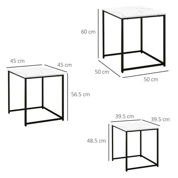 Three nested tables size diagram: white marble-effect tops and black metal frames