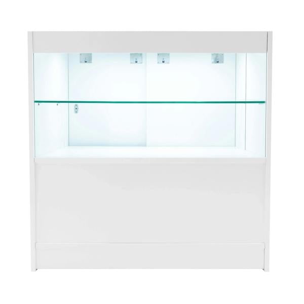 Eclipse LED Shop Counter Set in white with glass shelves, featuring a sleek design and bright interior lighting for display purposes