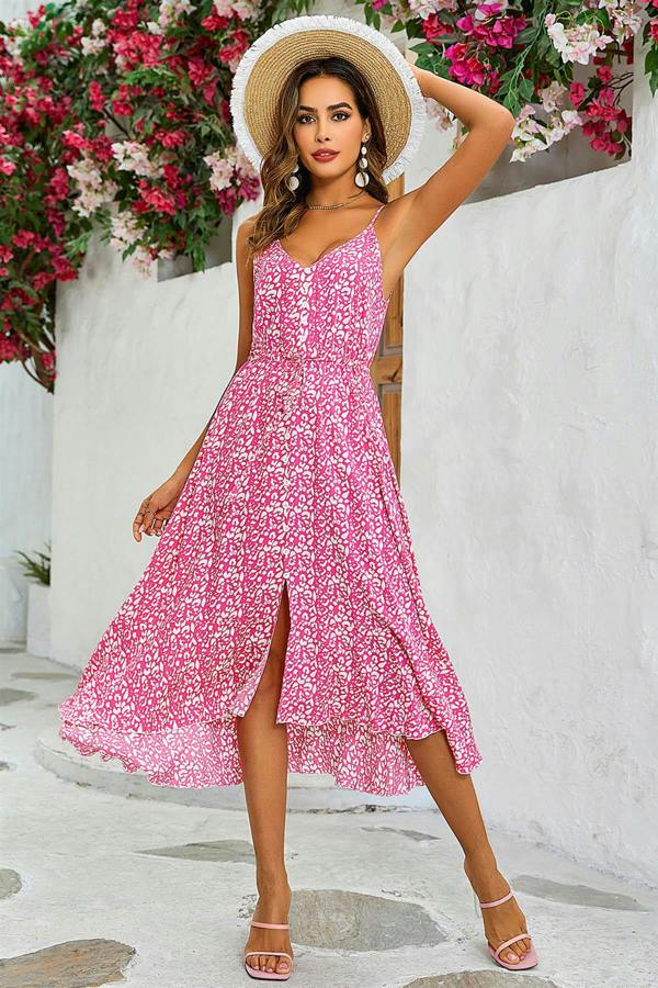 FS Collection Leopard Print Button Down High Low Strappy Dress In Fuchsia Pink